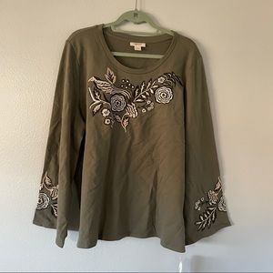 Army green long sleeve with floral embroidery